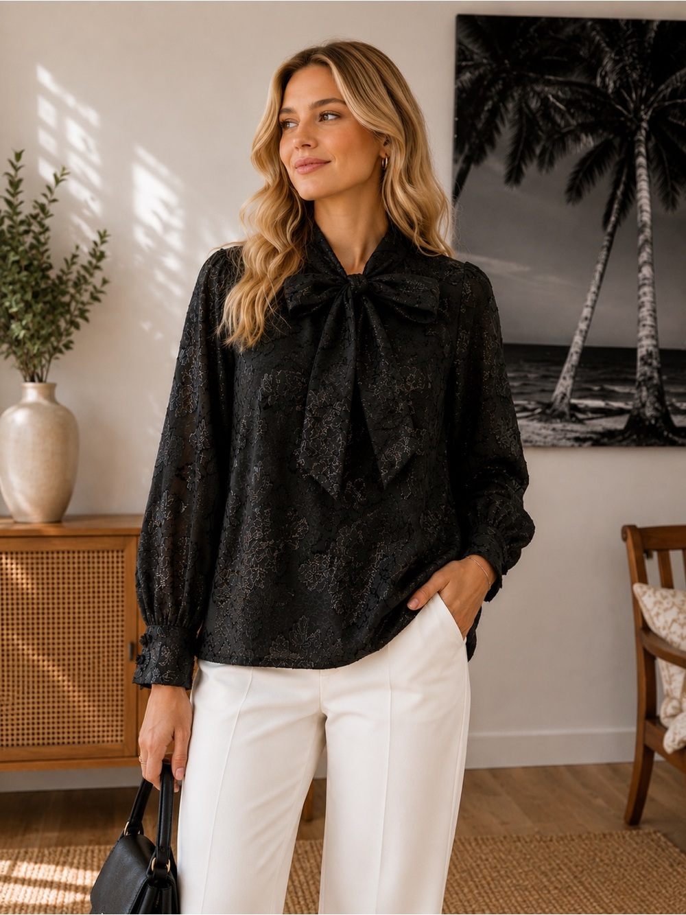 Worthington Black Floral Bow-Tie Blouse